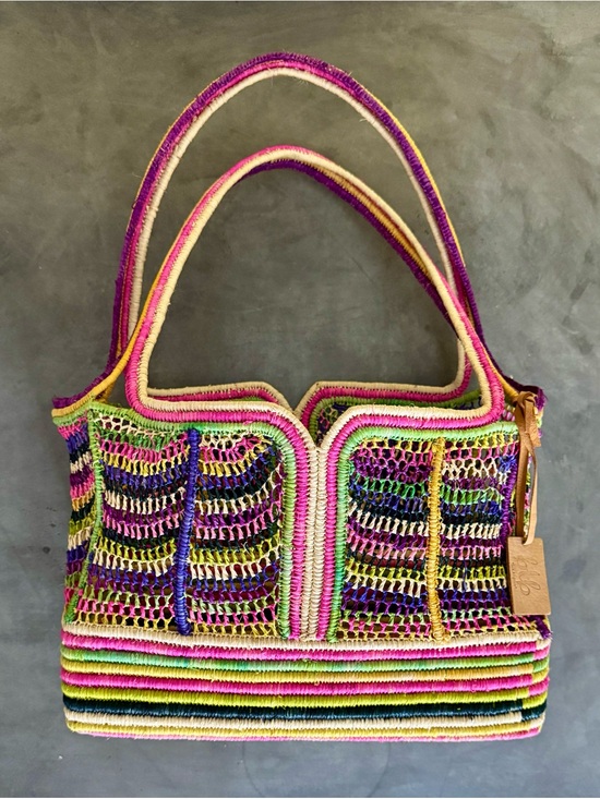 Btb Los Angeles Handbags - BTB Los Angeles Multicolor Raffia Architectural Open-Weave Tote